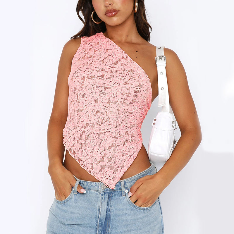Haut asymétrique rose en dentelle pour femme