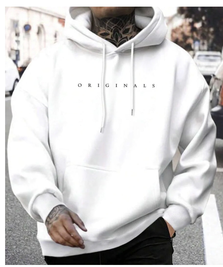 Sweat blanc à capuche avec inscription Originals, porté de face
