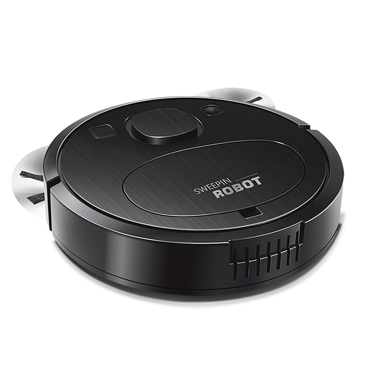 Robot de nettoyage noir sur fond blanc