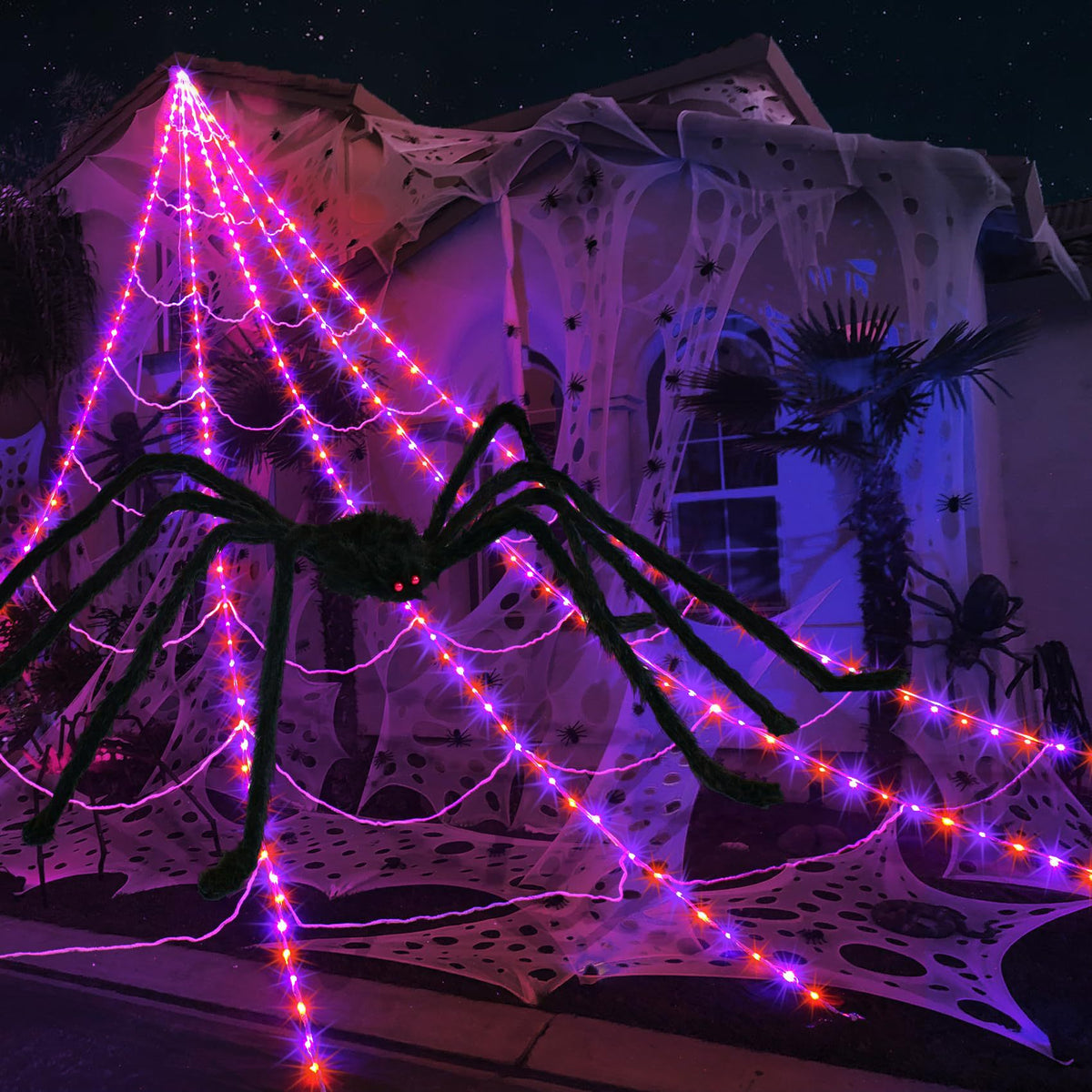 Araignée noire sur une toile lumineuse violette et orange devant une maison décorée pour Halloween.