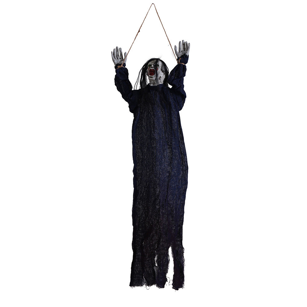 Fantôme suspendu aux cheveux noirs et au long vêtement bleu foncé, sur fond blanc.